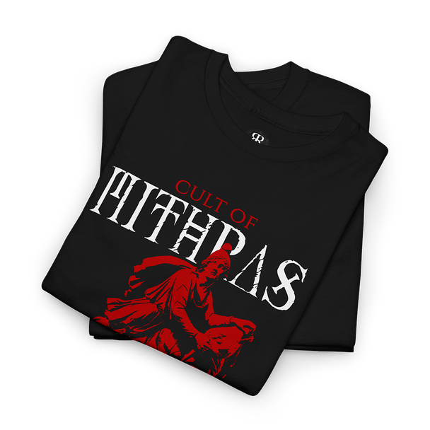 A black T-shirt with a graphic design featuring a figure on a bull, and the text 'CULT OF MITHRAS' 