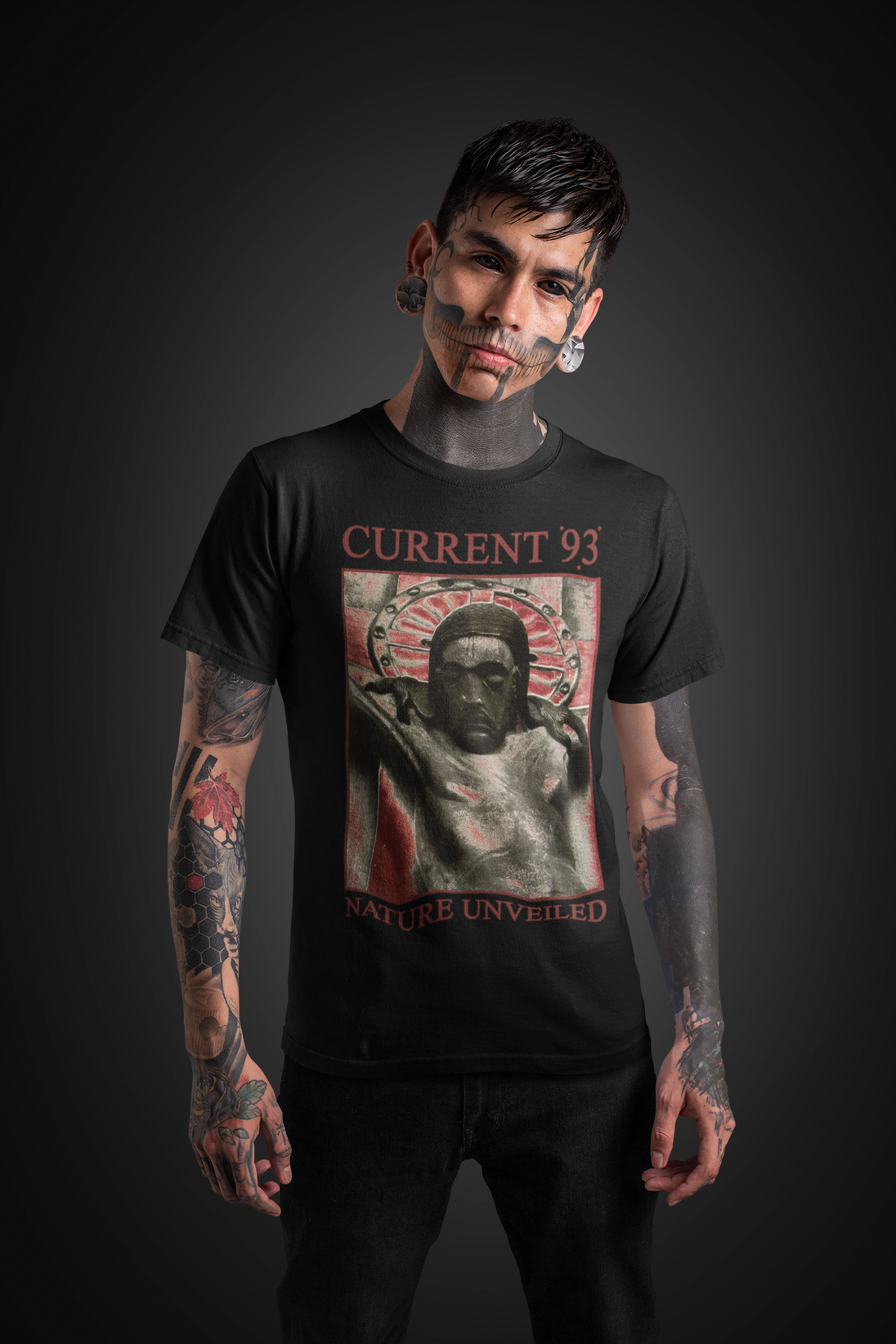 Tattooed man wearing Current 93 Nature Unveiled T-Shirt