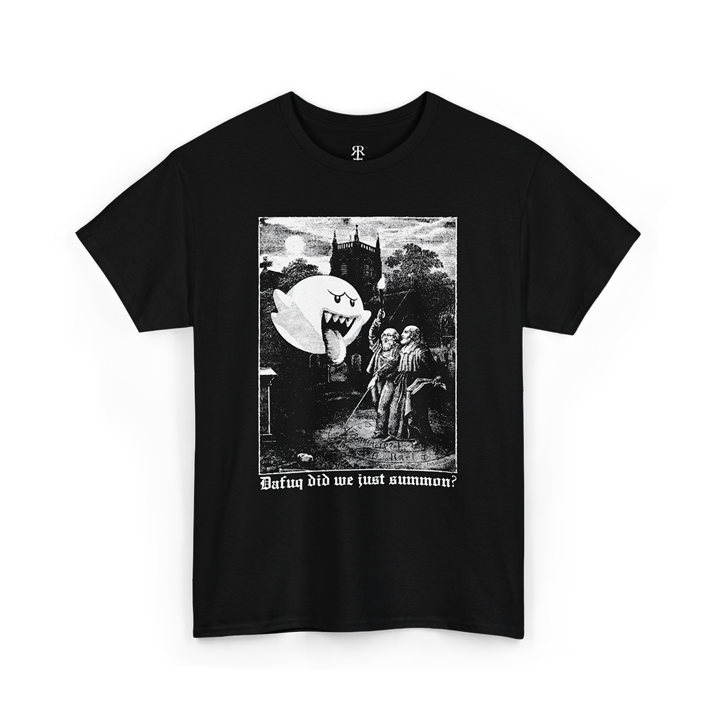 Dafuq Did We Just Summon T-Shirt, showing two ceremonial magicians in ritual circle summoning funny ghost