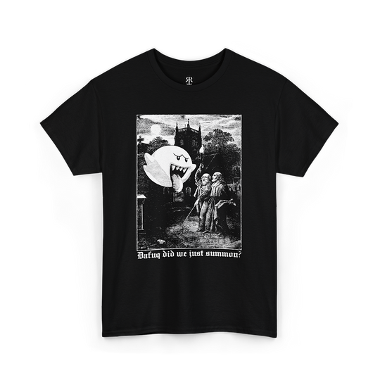 Dafuq Did We Just Summon T-Shirt, showing two ceremonial magicians in ritual circle summoning funny ghost