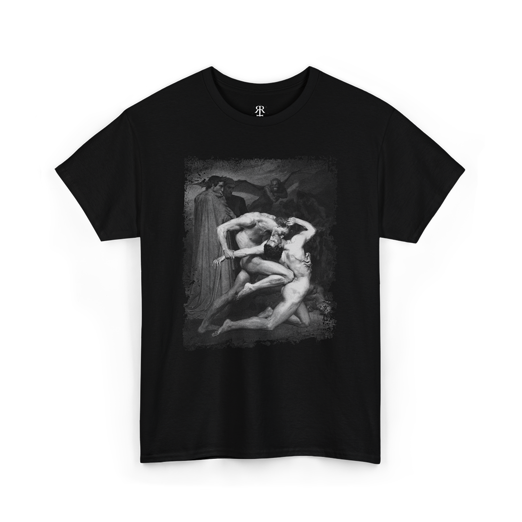 A black t-shirt featuring a printed image of 'Dante and Virgil in Hell' with two figures entwined in eternal combat.