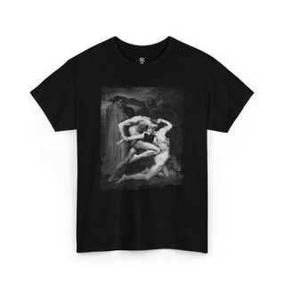 A black t-shirt featuring a printed image of 'Dante and Virgil in Hell' with two figures entwined in eternal combat.