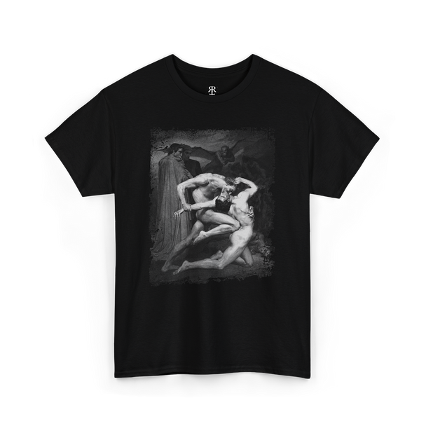 A black t-shirt featuring a printed image of 'Dante and Virgil in Hell' with two figures entwined in eternal combat.