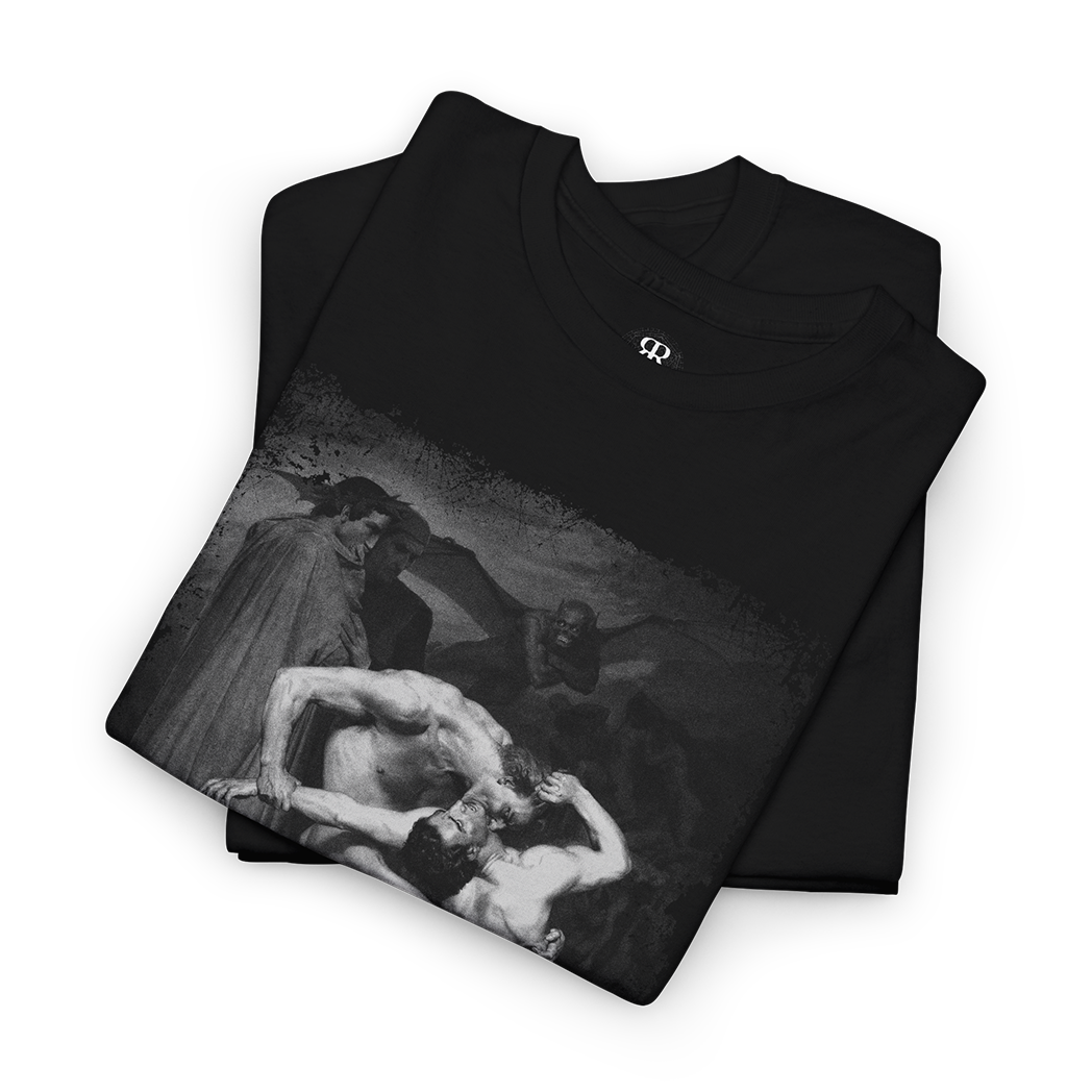 A black t-shirt featuring a printed image of 'Dante and Virgil in Hell' with two figures entwined in eternal combat.
