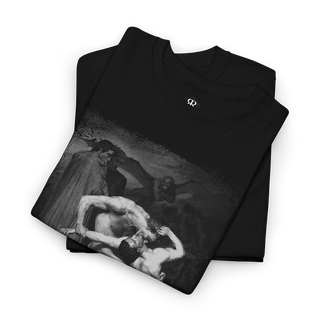 A black t-shirt featuring a printed image of 'Dante and Virgil in Hell' with two figures entwined in eternal combat.