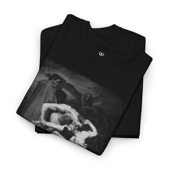 A black t-shirt featuring a printed image of 'Dante and Virgil in Hell' with two figures entwined in eternal combat.