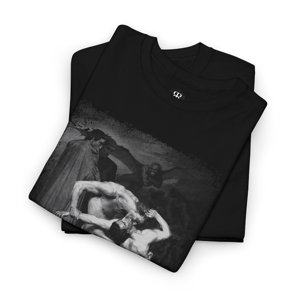 A black t-shirt featuring a printed image of 'Dante and Virgil in Hell' with two figures entwined in eternal combat.