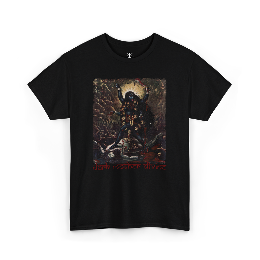 A black T-shirt featuring Hindu goddess Kali in a dark and dramatic setting, with the text 'DARK MOTHER DIVINE' below her.