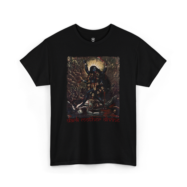 A black T-shirt featuring Hindu goddess Kali in a dark and dramatic setting, with the text 'DARK MOTHER DIVINE' below her.