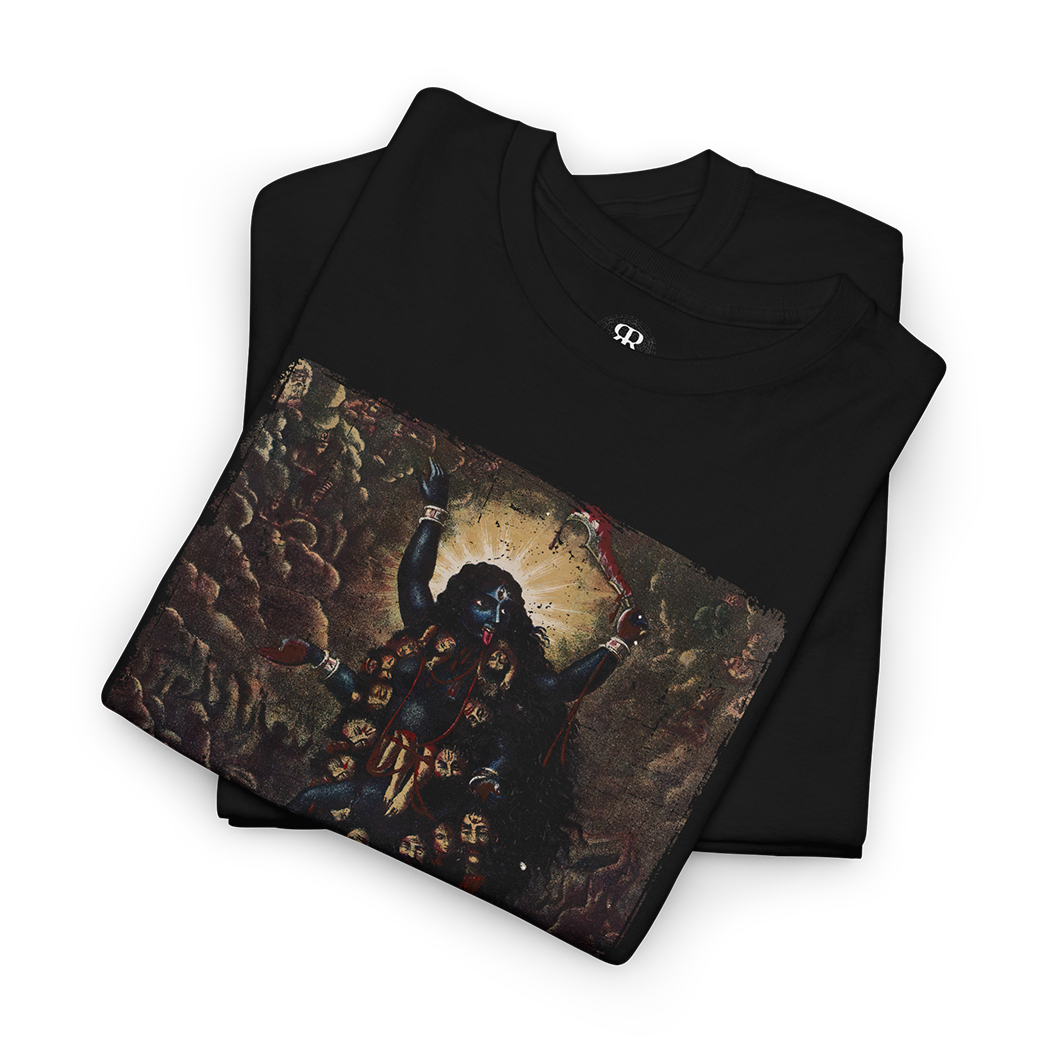 A black T-shirt featuring Hindu goddess Kali in a dark and dramatic setting, with the text 'DARK MOTHER DIVINE' below her.