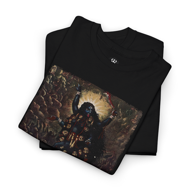 A black T-shirt featuring Hindu goddess Kali in a dark and dramatic setting, with the text 'DARK MOTHER DIVINE' below her.