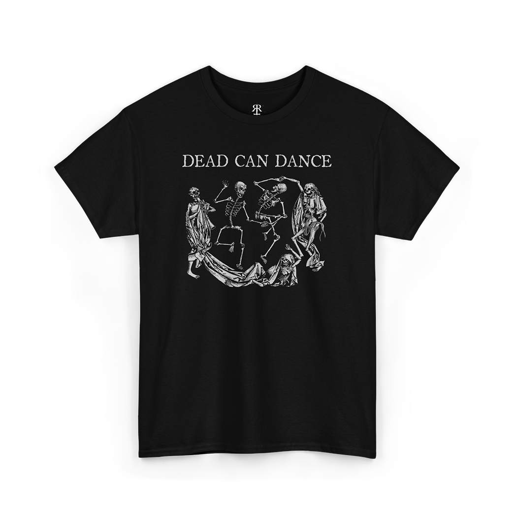 Dead Can Dance T-shirt showing skeletons dancing, memento mori, black