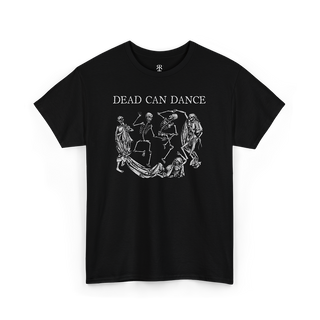 Dead Can Dance T-shirt showing skeletons dancing, memento mori, black