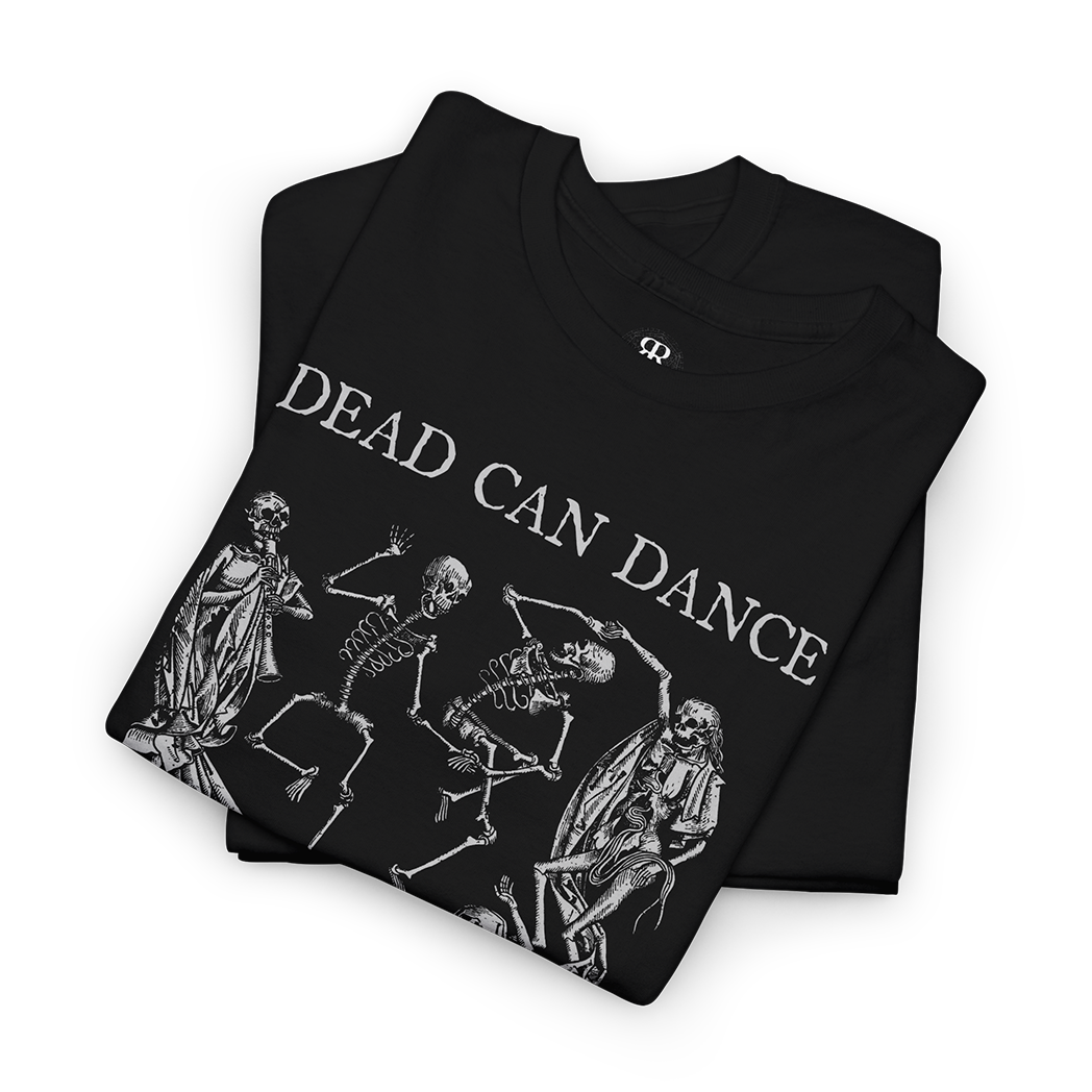 Dead Can Dance T-shirt showing skeletons dancing, memento mori, black