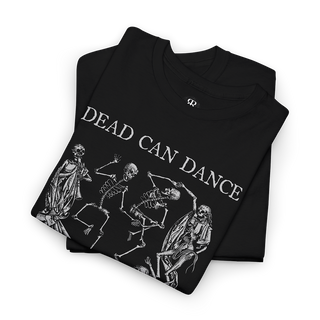 Dead Can Dance T-shirt showing skeletons dancing, memento mori, black