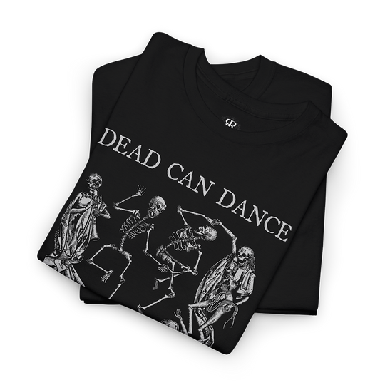 Dead Can Dance T-shirt showing skeletons dancing, memento mori, black