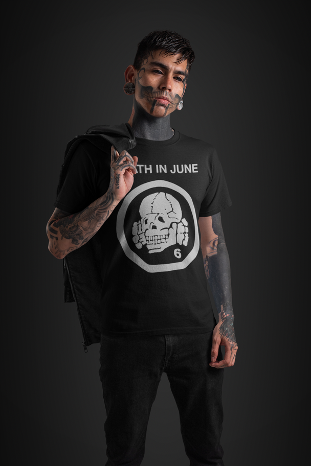 Tattooed man wearing Death in June Totenkopf shirt