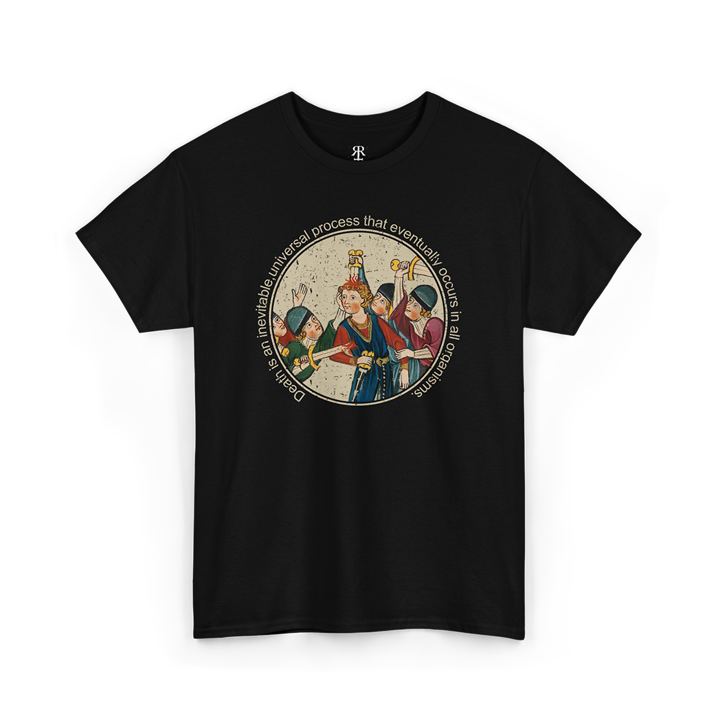 A black t-shirt with a medieval woodcut print depicting a scene of medieval peasants killing each other, with the text 'DEATH IS INEVITABLE' printed above.