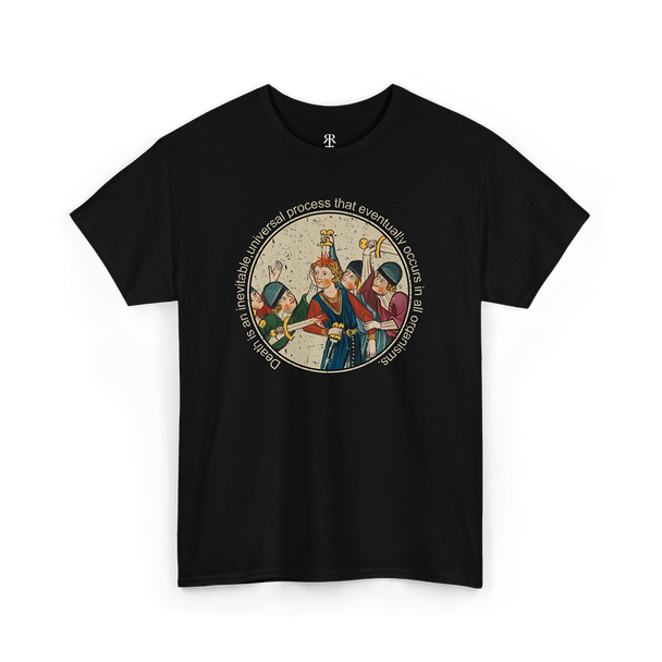 A black t-shirt with a medieval woodcut print depicting a scene of medieval peasants killing each other, with the text 'DEATH IS INEVITABLE' printed above.