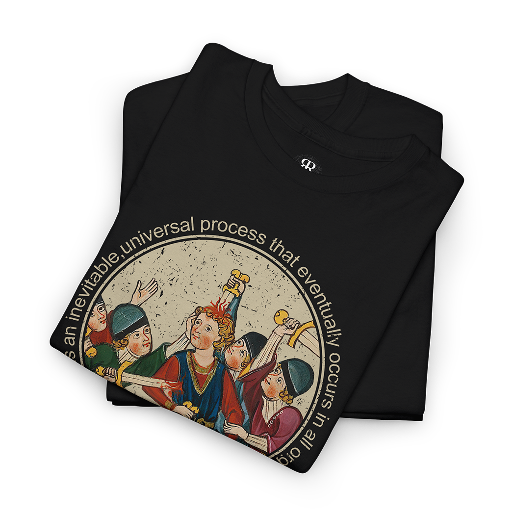 A black t-shirt with a medieval woodcut print depicting a scene of medieval peasants killing each other, with the text 'DEATH IS INEVITABLE' printed above.