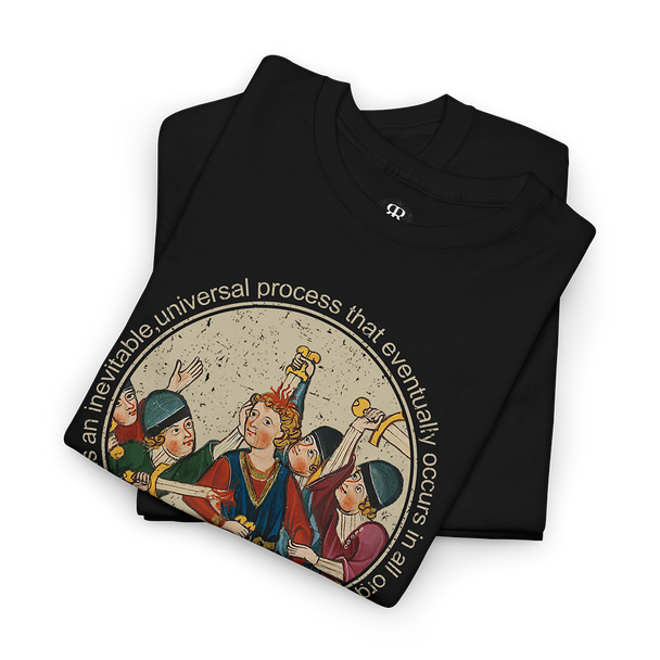 A black t-shirt with a medieval woodcut print depicting a scene of medieval peasants killing each other, with the text 'DEATH IS INEVITABLE' printed above.