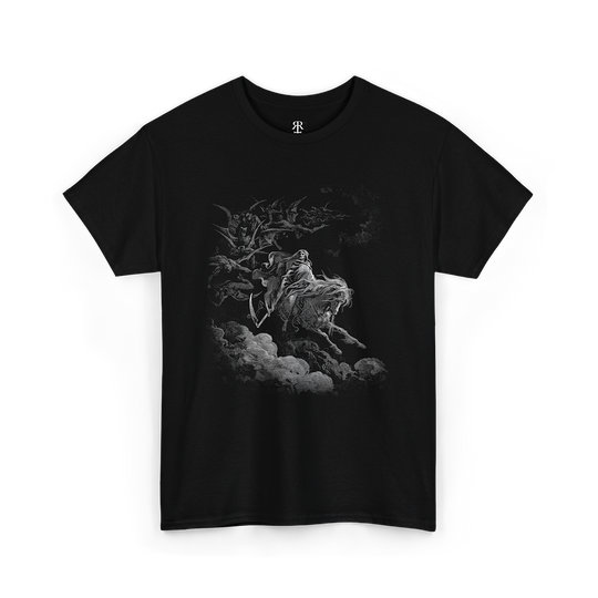 Black t-shirt showing Death on the Pale Horse (The Vision of Death), original engraving by Gustave Doré.
