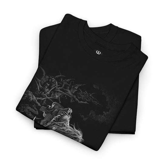 Black t-shirt showing Death on the Pale Horse (The Vision of Death), original engraving by Gustave Doré.