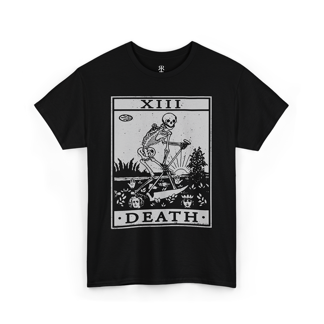 Black T-shirt featuring a graphic of the Death tarot card with the number XIII and the title DEATH printed at the bottom.