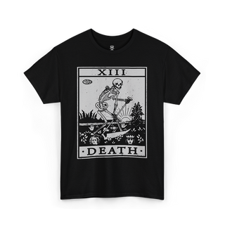 Black T-shirt featuring a graphic of the Death tarot card with the number XIII and the title DEATH printed at the bottom.