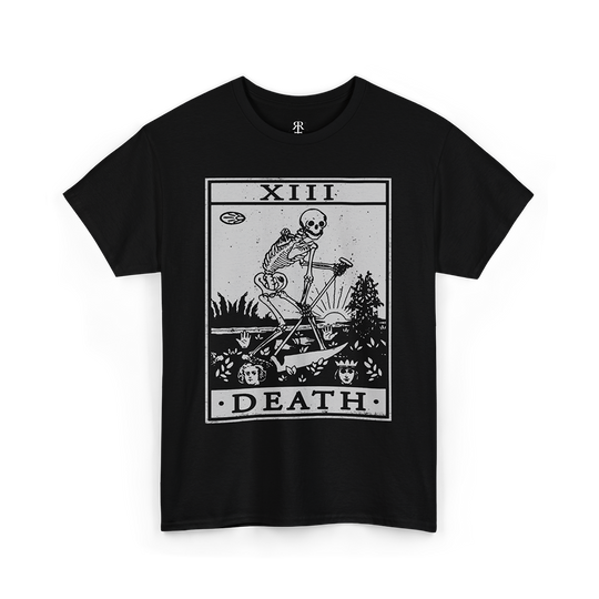 Black T-shirt featuring a graphic of the Death tarot card with the number XIII and the title DEATH printed at the bottom.