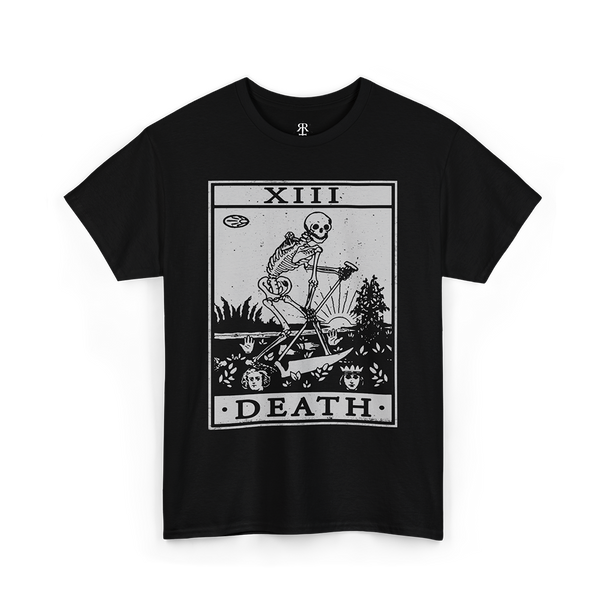 Black T-shirt featuring a graphic of the Death tarot card with the number XIII and the title DEATH printed at the bottom.