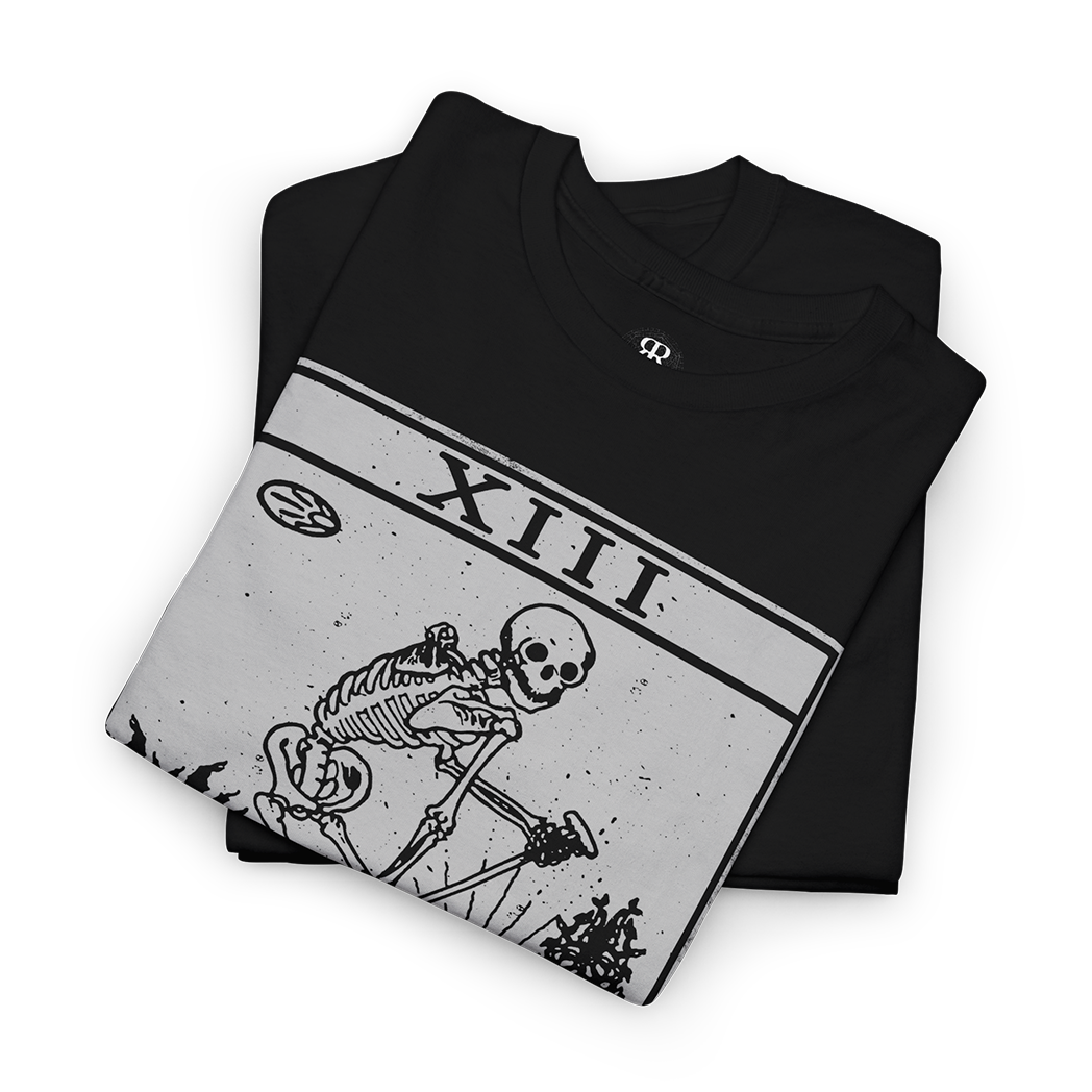 Black T-shirt featuring a graphic of the Death tarot card with the number XIII and the title DEATH printed at the bottom.