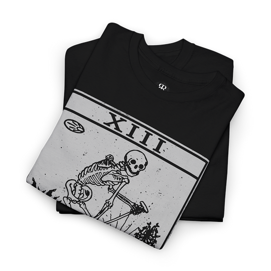 Black T-shirt featuring a graphic of the Death tarot card with the number XIII and the title DEATH printed at the bottom.