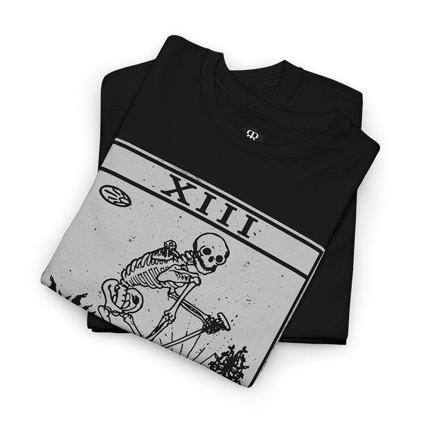 Black T-shirt featuring a graphic of the Death tarot card with the number XIII and the title DEATH printed at the bottom.