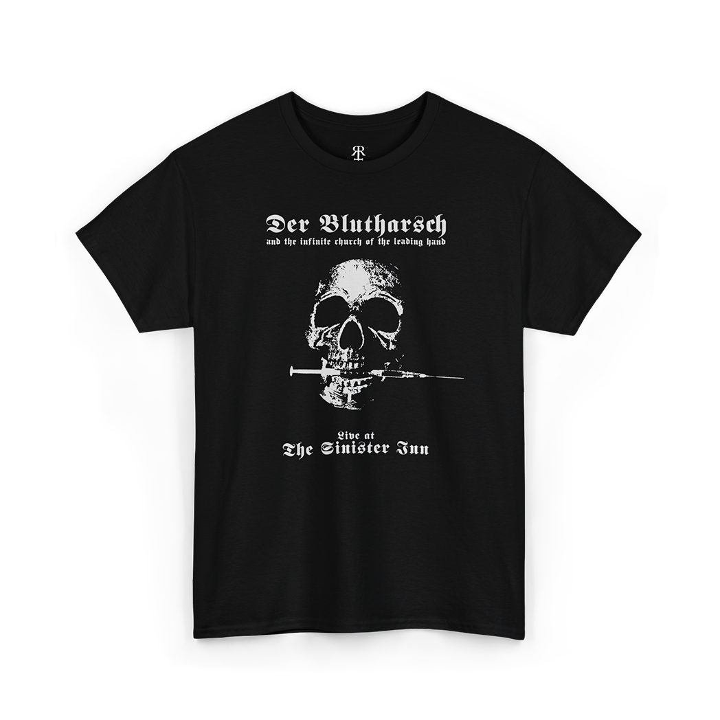 Black T-shirt with white text and graphic design featuring a skull, the band 'Der Blutharsch', and the phrase 'Live at The Sinister Inn'