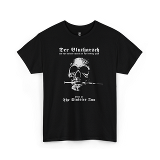 Black T-shirt with white text and graphic design featuring a skull, the band 'Der Blutharsch', and the phrase 'Live at The Sinister Inn'