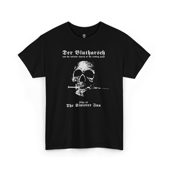 Black T-shirt with white text and graphic design featuring a skull, the band 'Der Blutharsch', and the phrase 'Live at The Sinister Inn'