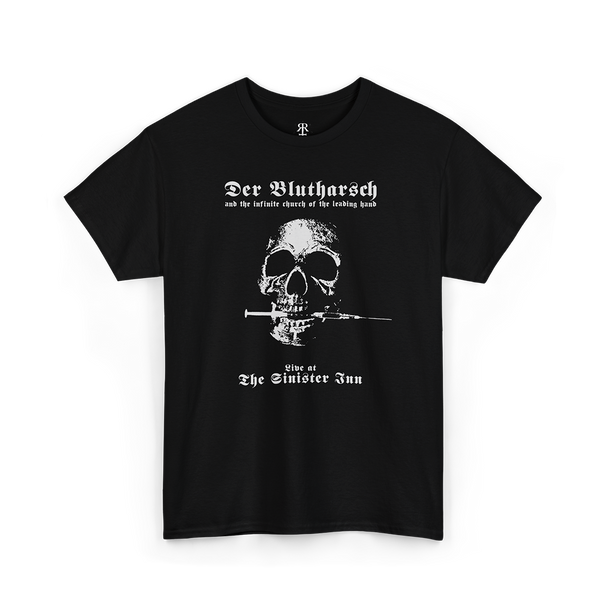 Black T-shirt with white text and graphic design featuring a skull, the band 'Der Blutharsch', and the phrase 'Live at The Sinister Inn'