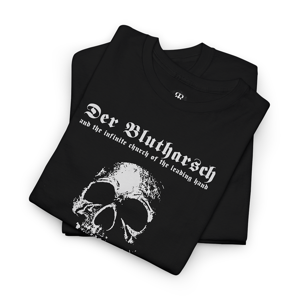 Black T-shirt with white text and graphic design featuring a skull, the band 'Der Blutharsch', and the phrase 'Live at The Sinister Inn'