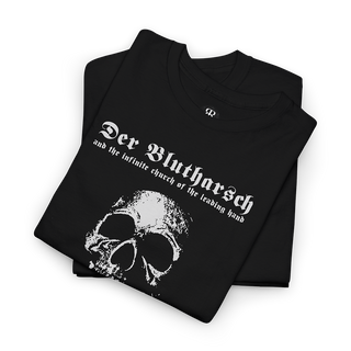 Black T-shirt with white text and graphic design featuring a skull, the band 'Der Blutharsch', and the phrase 'Live at The Sinister Inn'