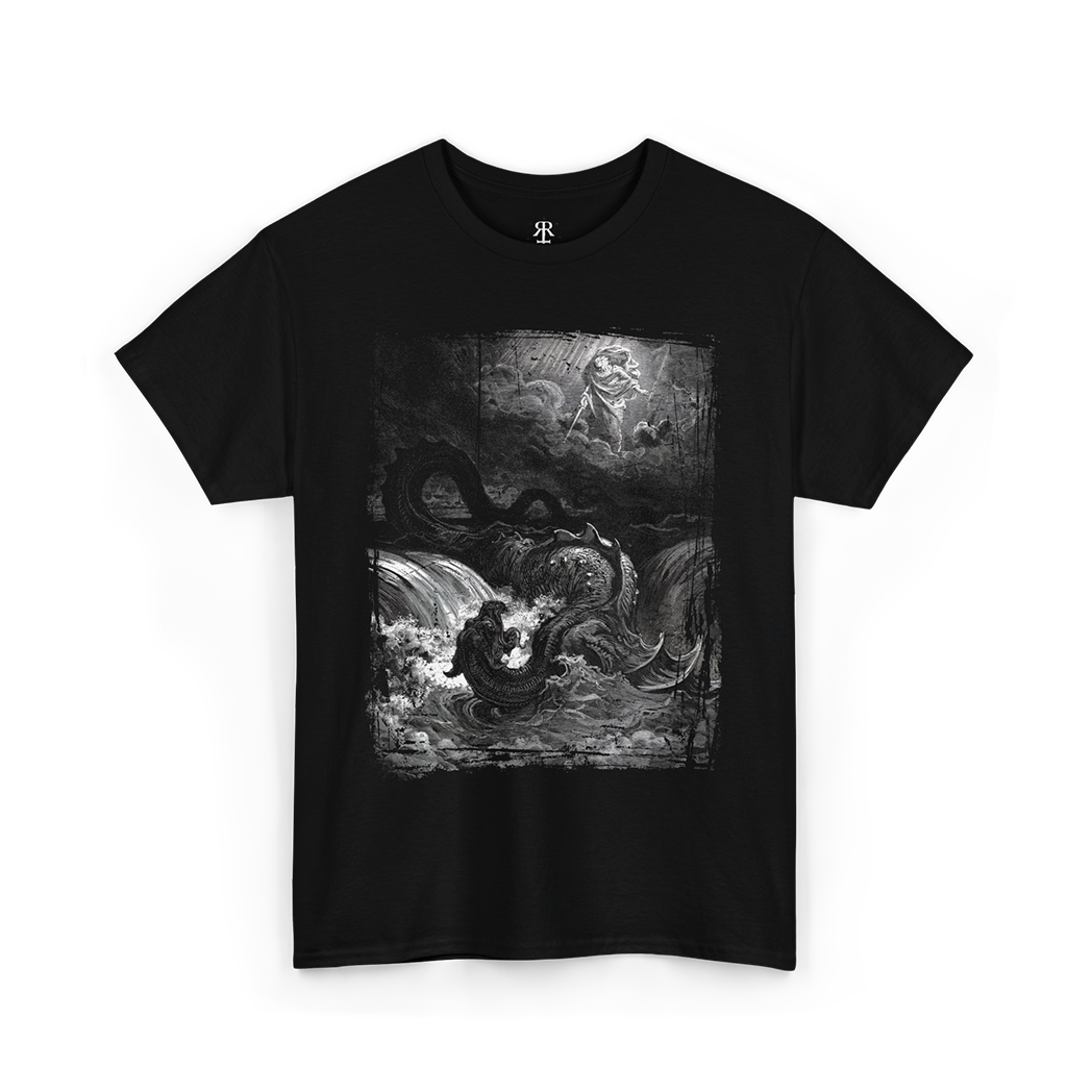 Black crew neck t-shirt featuring a monochrome graphic print of the legendary creature Leviathan from ancient mythology.