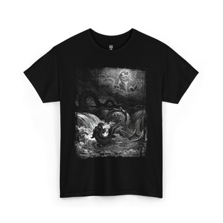 Black crew neck t-shirt featuring a monochrome graphic print of the legendary creature Leviathan from ancient mythology.