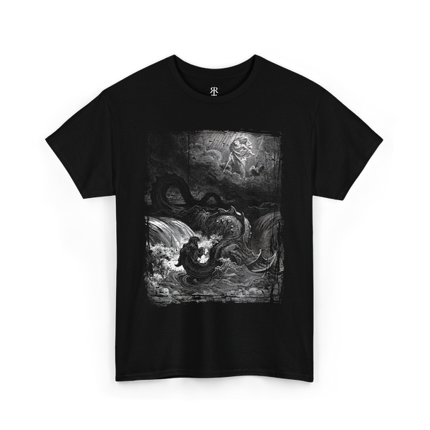 Black crew neck t-shirt featuring a monochrome graphic print of the legendary creature Leviathan from ancient mythology.