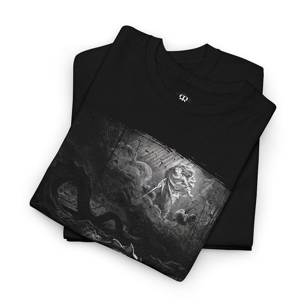 Black crew neck t-shirt featuring a monochrome graphic print of the legendary creature Leviathan from ancient mythology.