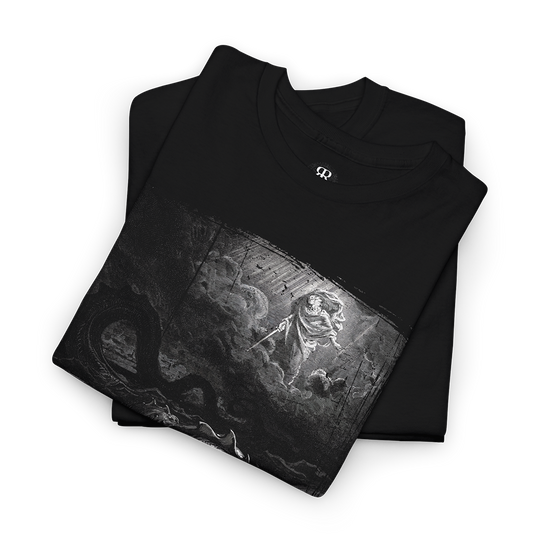 Black crew neck t-shirt featuring a monochrome graphic print of the legendary creature Leviathan from ancient mythology.
