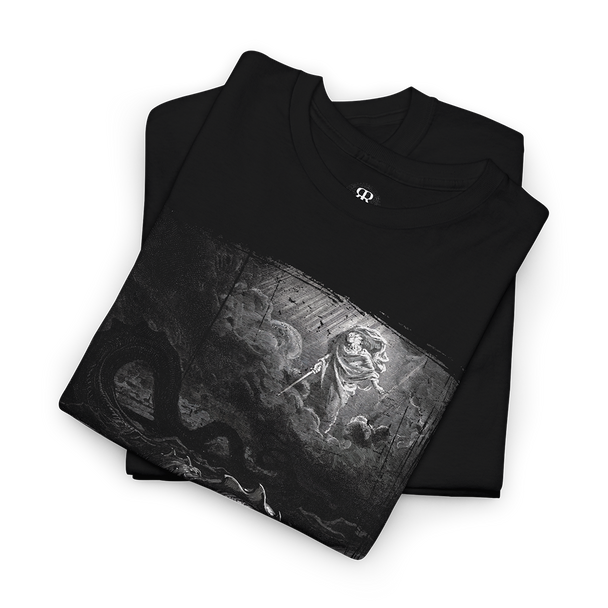Black crew neck t-shirt featuring a monochrome graphic print of the legendary creature Leviathan from ancient mythology.