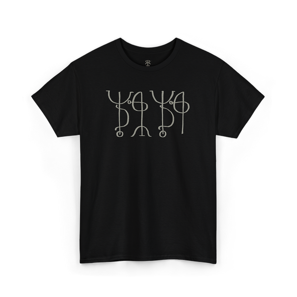 Black t-shirt with grey print of icelandic magical stave Draumstafir
