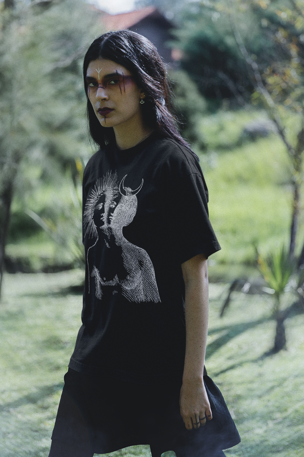 Woman wearing Duality Rebis T-shirt