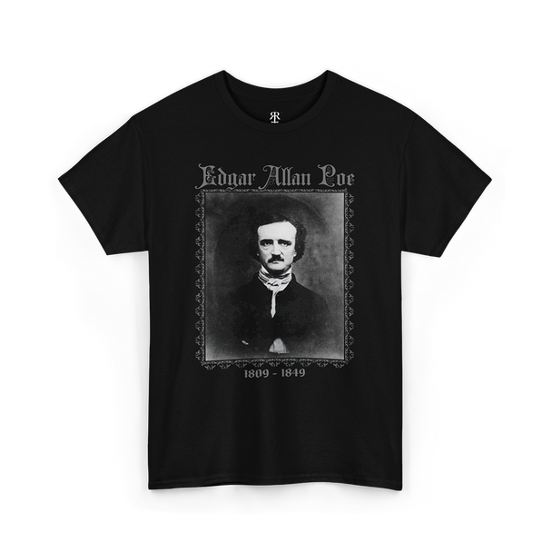 Black t-shirt featuring a monochrome portrait of Edgar Allan Poe with the text 'Edgar Allan Poe' above the image and the years '1809-1849' below.