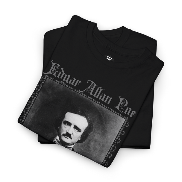 Black t-shirt featuring a monochrome portrait of Edgar Allan Poe with the text 'Edgar Allan Poe' above the image and the years '1809-1849' below.